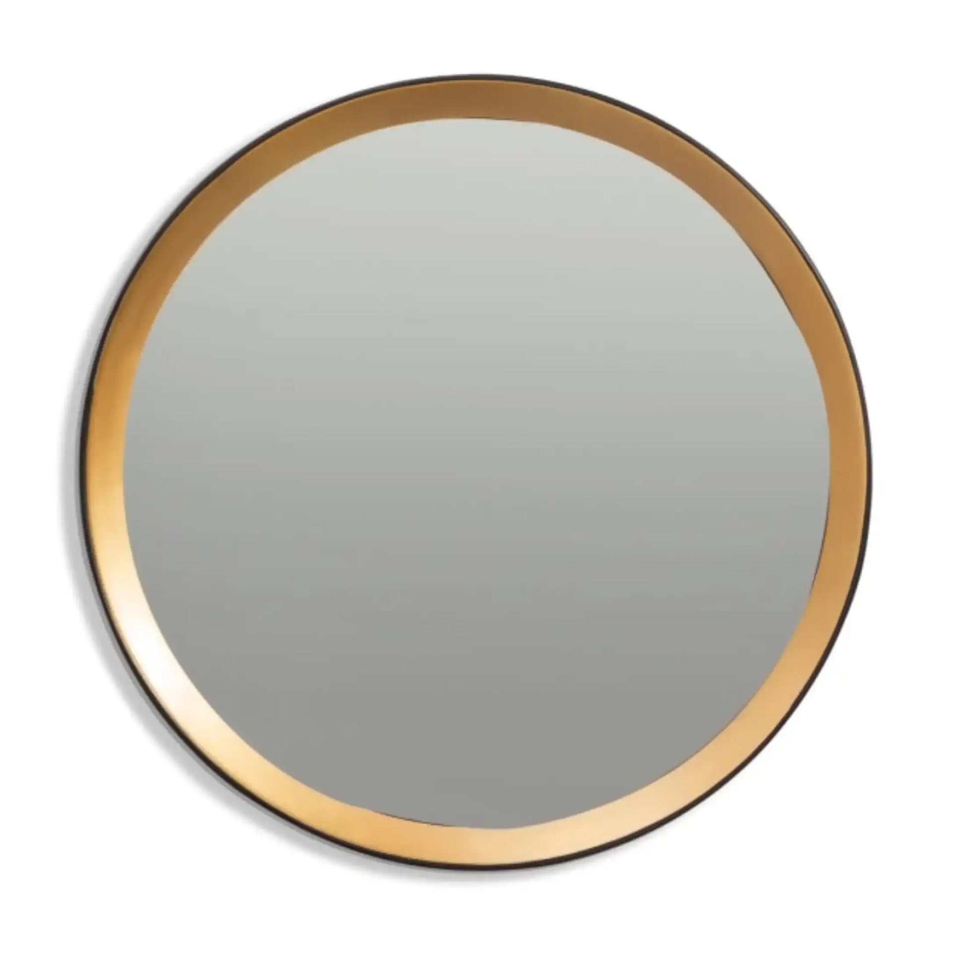 Round mirror with a gold frame on a white background
