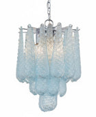 Blue glass chandelier with a white background