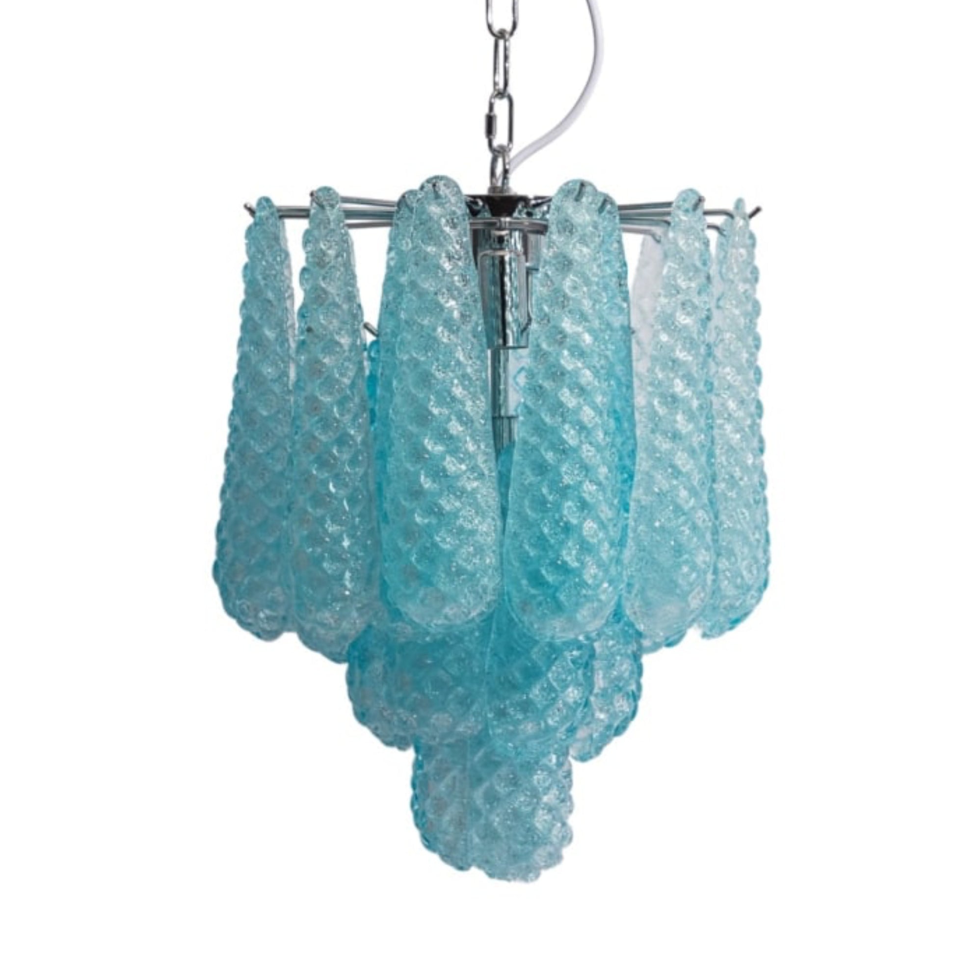 Turquoise glass chandelier with a white background