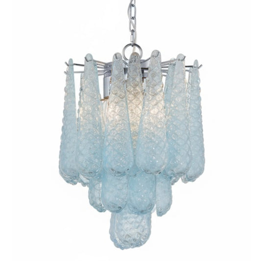 Blue glass chandelier with a white background