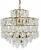 A tiered crystal chandelier with clear teardrop glass drops and a polished gold-tone metal frame, shown against a plain white background.