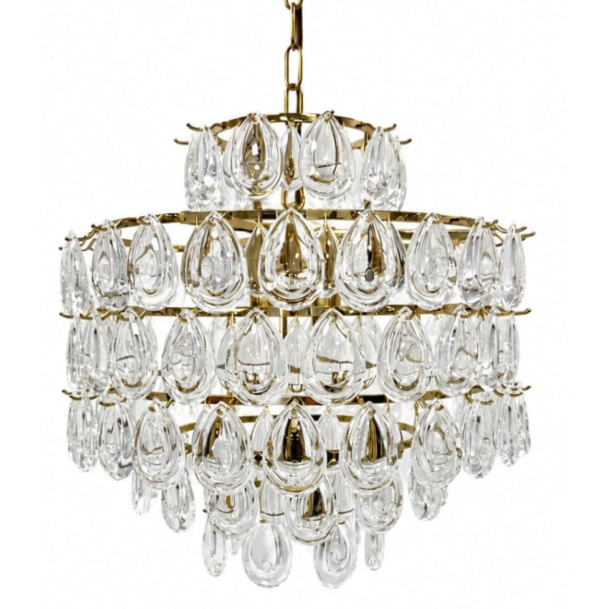 A tiered crystal chandelier with clear teardrop glass drops and a polished gold-tone metal frame, shown against a plain white background.