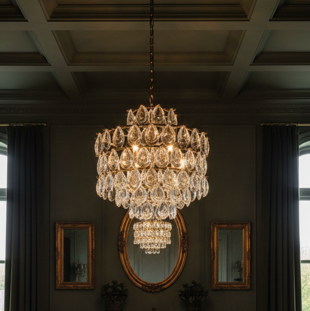 A large multi-tiered crystal chandelier with a gold-toned frame hangs in a grand room with dark gray walls, a coffered ceiling, and two mirrors.