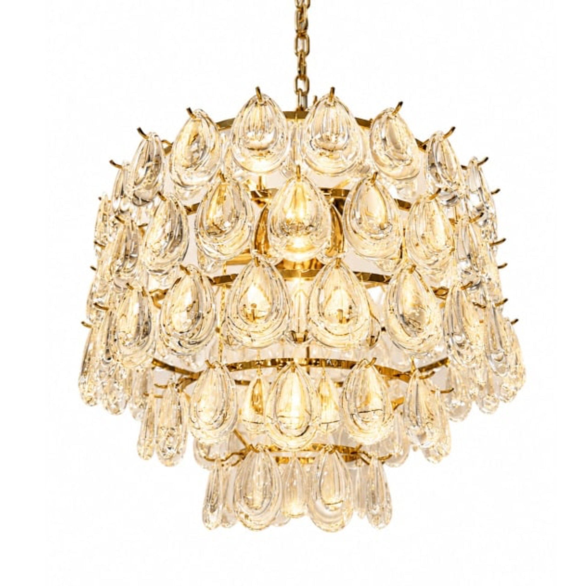 A tiered crystal chandelier with teardrop-shaped clear glass drops and a gold-toned metal frame, suspended by a chain against a plain white background.