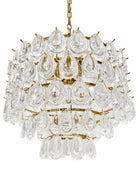 A tiered chandelier featuring clear teardrop-shaped crystal drops suspended from a gold-tone metal frame, shown against a plain white background.