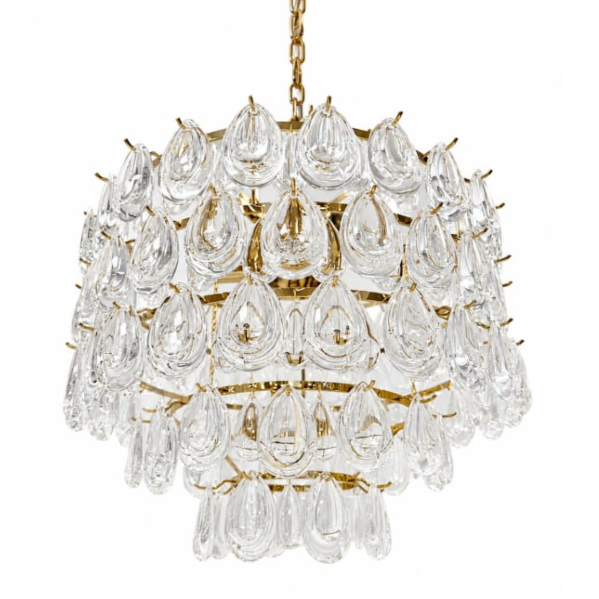 A tiered chandelier featuring clear teardrop-shaped crystal drops suspended from a gold-tone metal frame, shown against a plain white background.