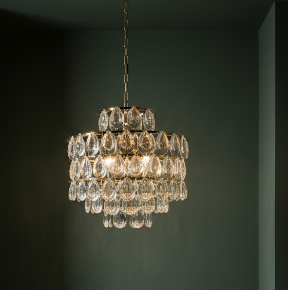 A tiered crystal chandelier with clear teardrop-shaped glass drops and a gold-toned metal frame, hanging against a dark green wall.