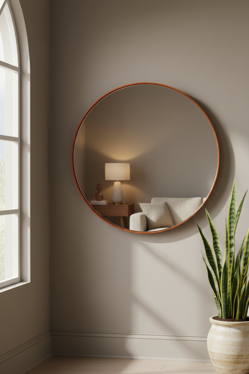A large round wall mirror with a warm copper-toned frame hangs on a taupe-gray wall in a softly lit room. The mirror reflects a lamp and sofa, and a potted snake plant sits in the lower right corner.