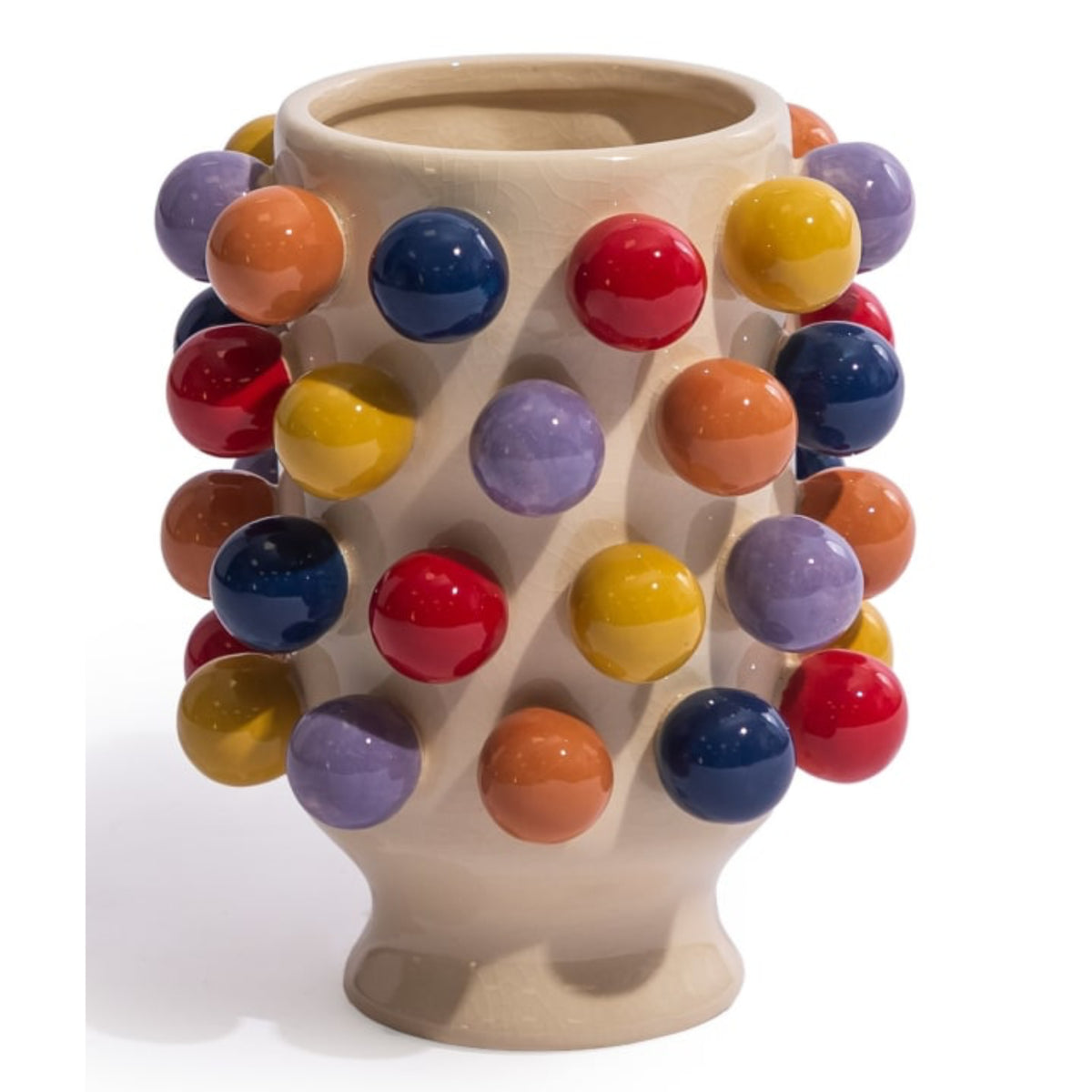 A beige ceramic vase decorated with multiple glossy, colorful spherical protrusions in red, yellow, orange, purple, and blue, set against a plain white background.