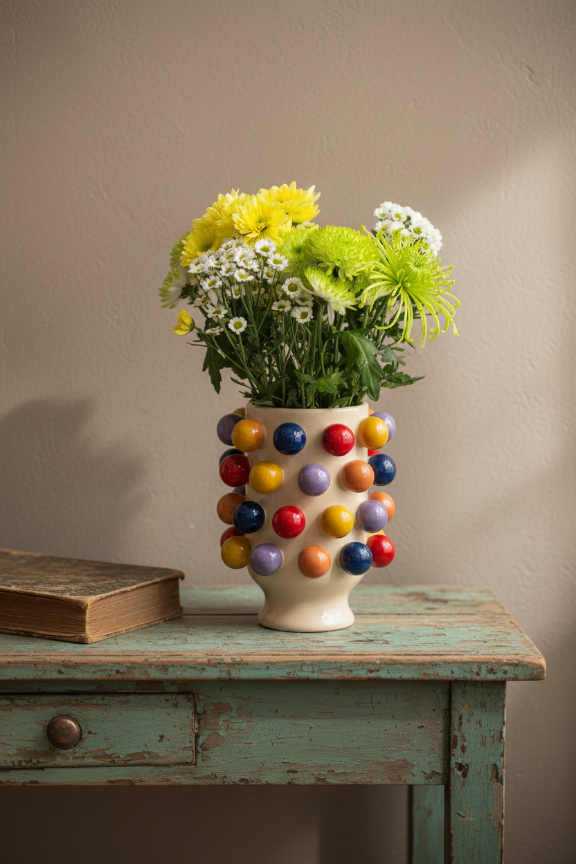 A cream-colored ceramic vase decorated with colorful glossy pom-pom beads, filled with yellow and white flowers, set on a distressed teal wooden table next to an old book against a beige wall.