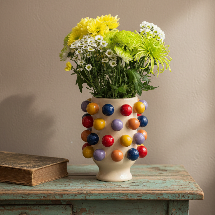 A cream-colored ceramic vase covered in colorful glossy pom-pom details, filled with yellow, green, and white flowers, sitting on a distressed teal wooden table next to an old book against a beige wall.