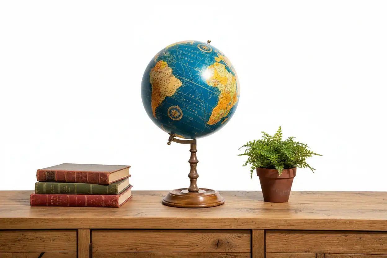 Globe on a wooden table with books and a plant