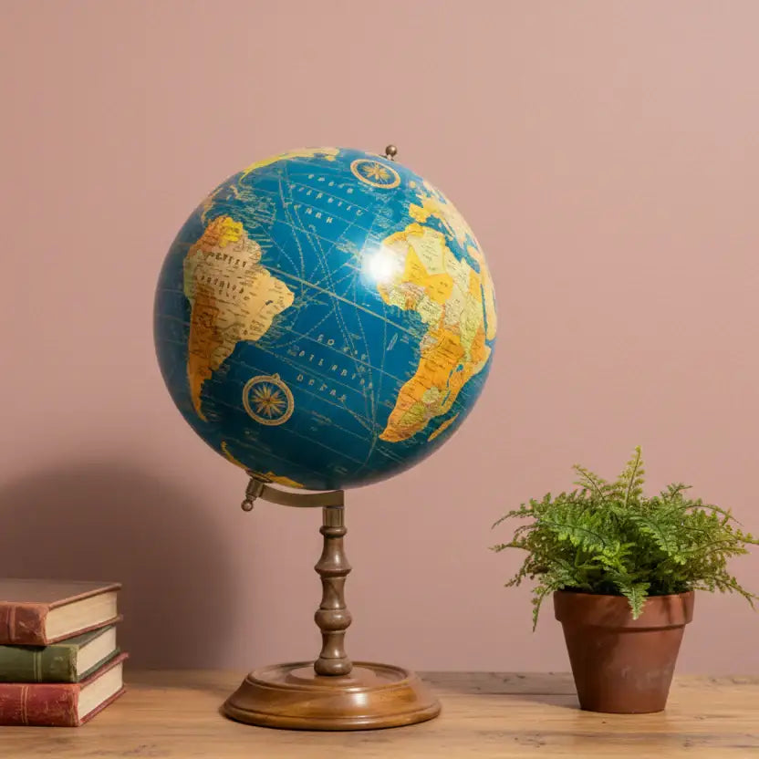 Vintage-style globe on a wooden surface with books and a plant