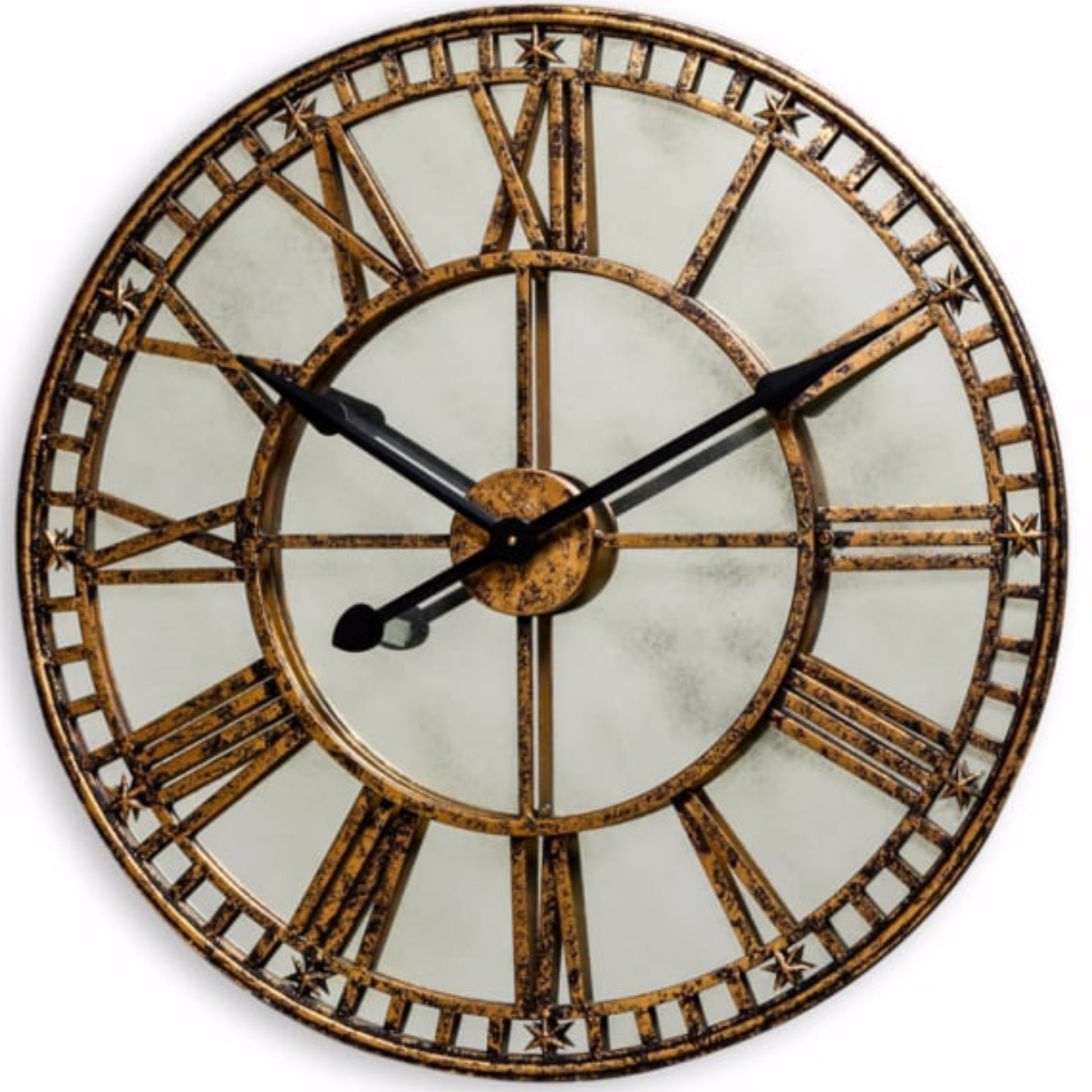 Decorative wall clock with Roman numeral markers on a white background