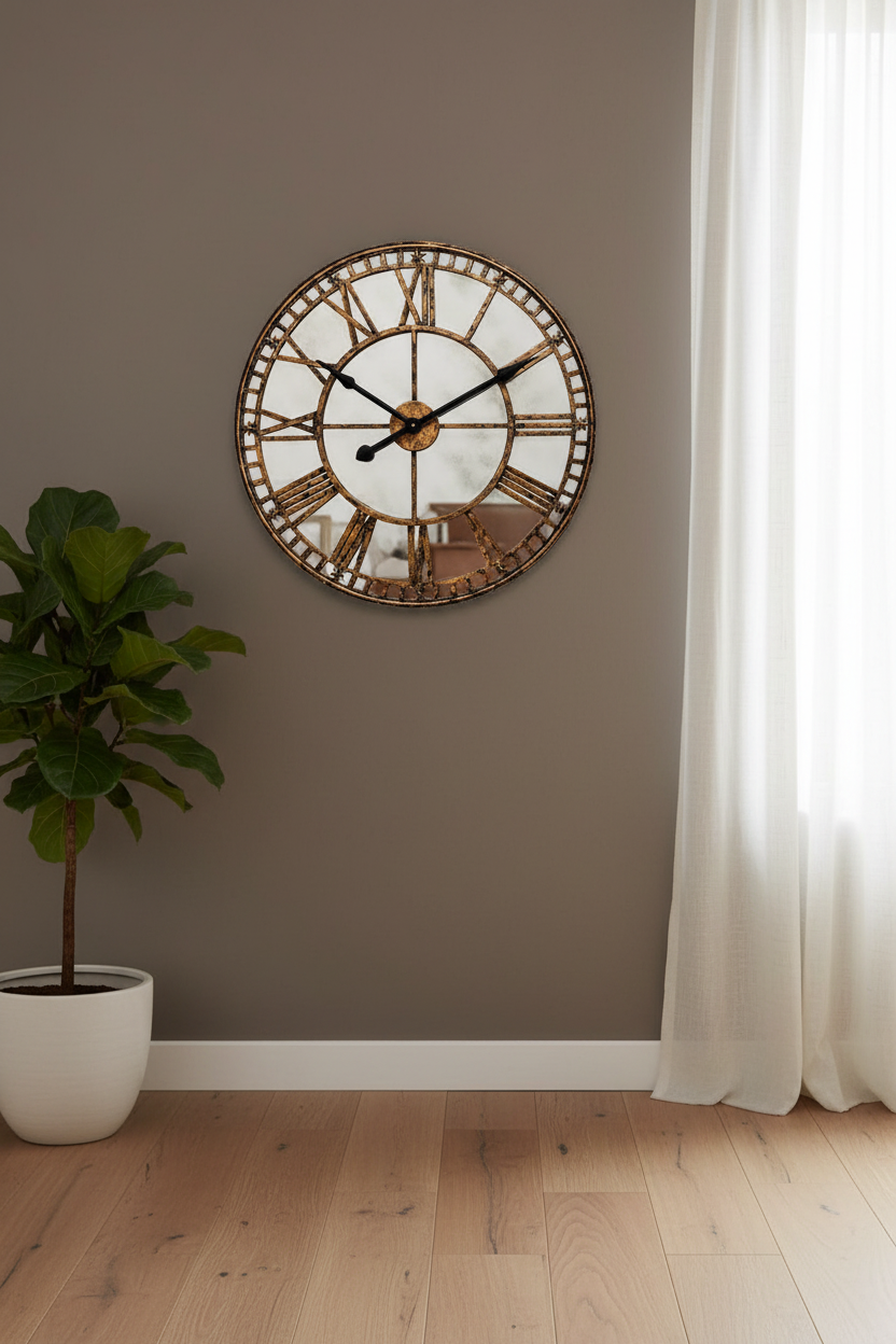 Decorative wall clock on a wall with a plant and curtain in the background