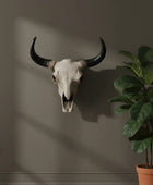 Bull skull with large horns mounted on a wall next to a potted plant.