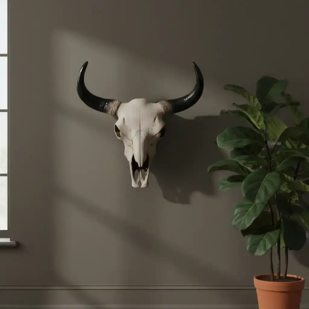 Bull skull with large horns mounted on a wall next to a potted plant.