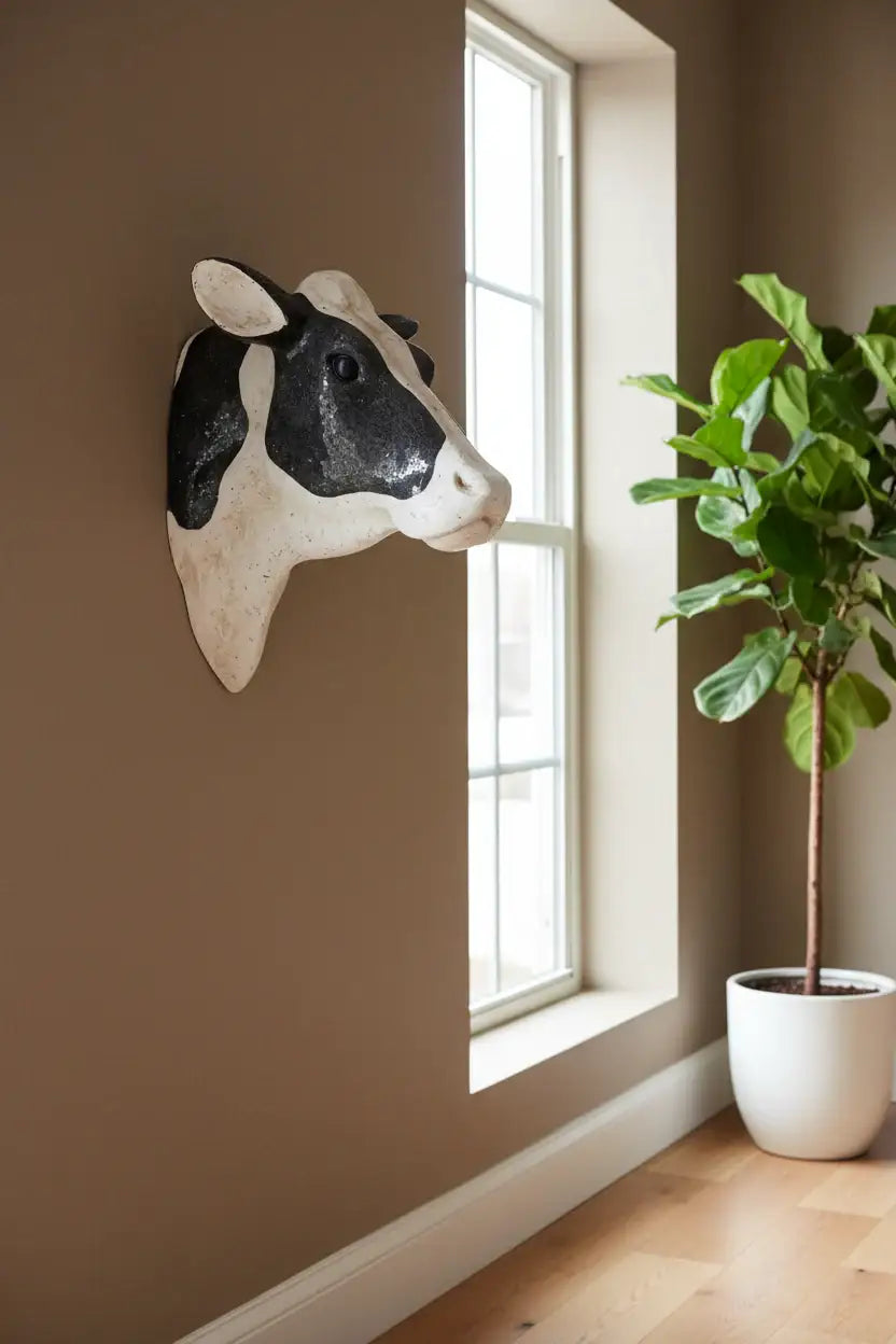 Decorative cow head on a wall next to a window with a plant in the corner.