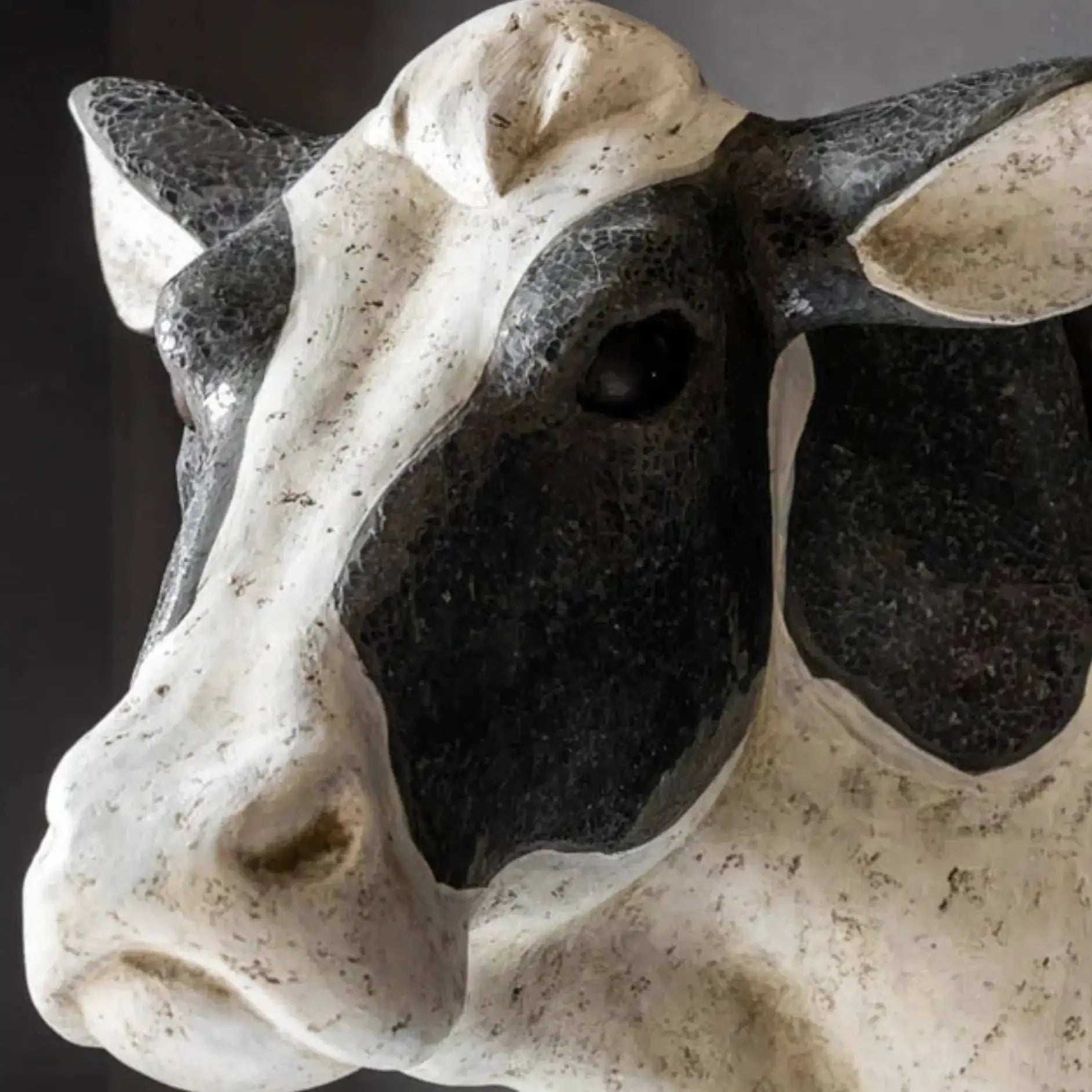 Close-up of a stone sculpture of a cow's head with a dark background