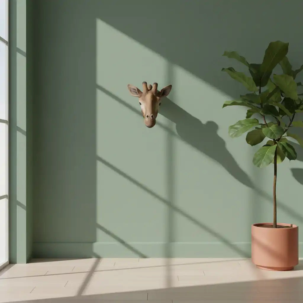 Giraffe head sculpture on a green wall with a potted plant below