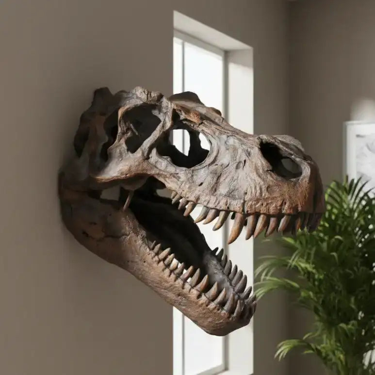 Dinosaur skull mount on a wall in a room with a plant and large windows.