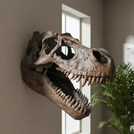 Dinosaur skull mount on a wall in a room with a plant and large windows.