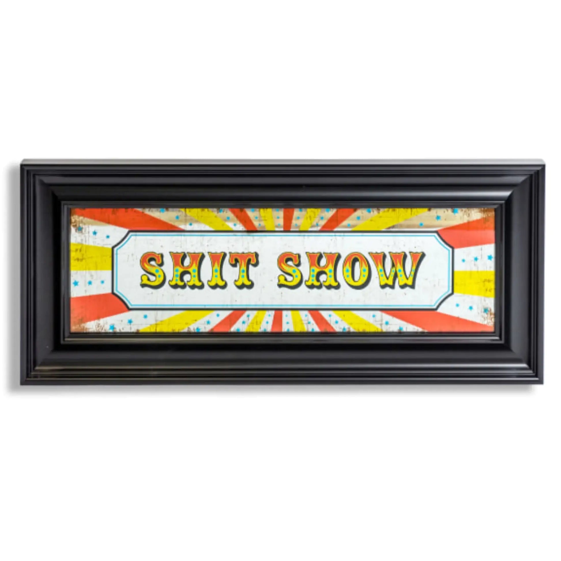 Framed artwork with colorful design and text 'SHIT SHOW' on a white background