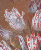 Close-up of a painting of tulips with red and white stripes on a brown background