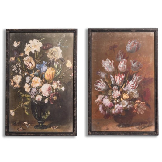 Two framed paintings of floral arrangements on a white background