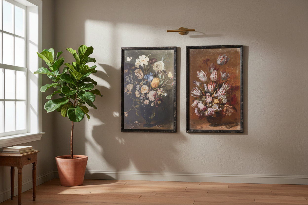 Two floral paintings on a wall with a plant and side table in the foreground.