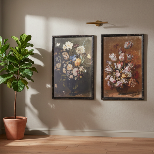 Large Framed Vintage Flower Bouquets - set of two