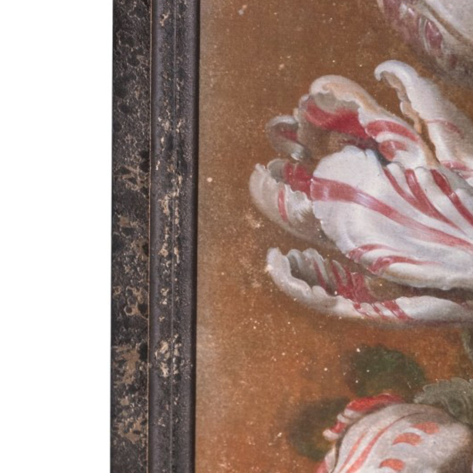 Close-up of a classical painting with hands clasped, showing signs of aging.
