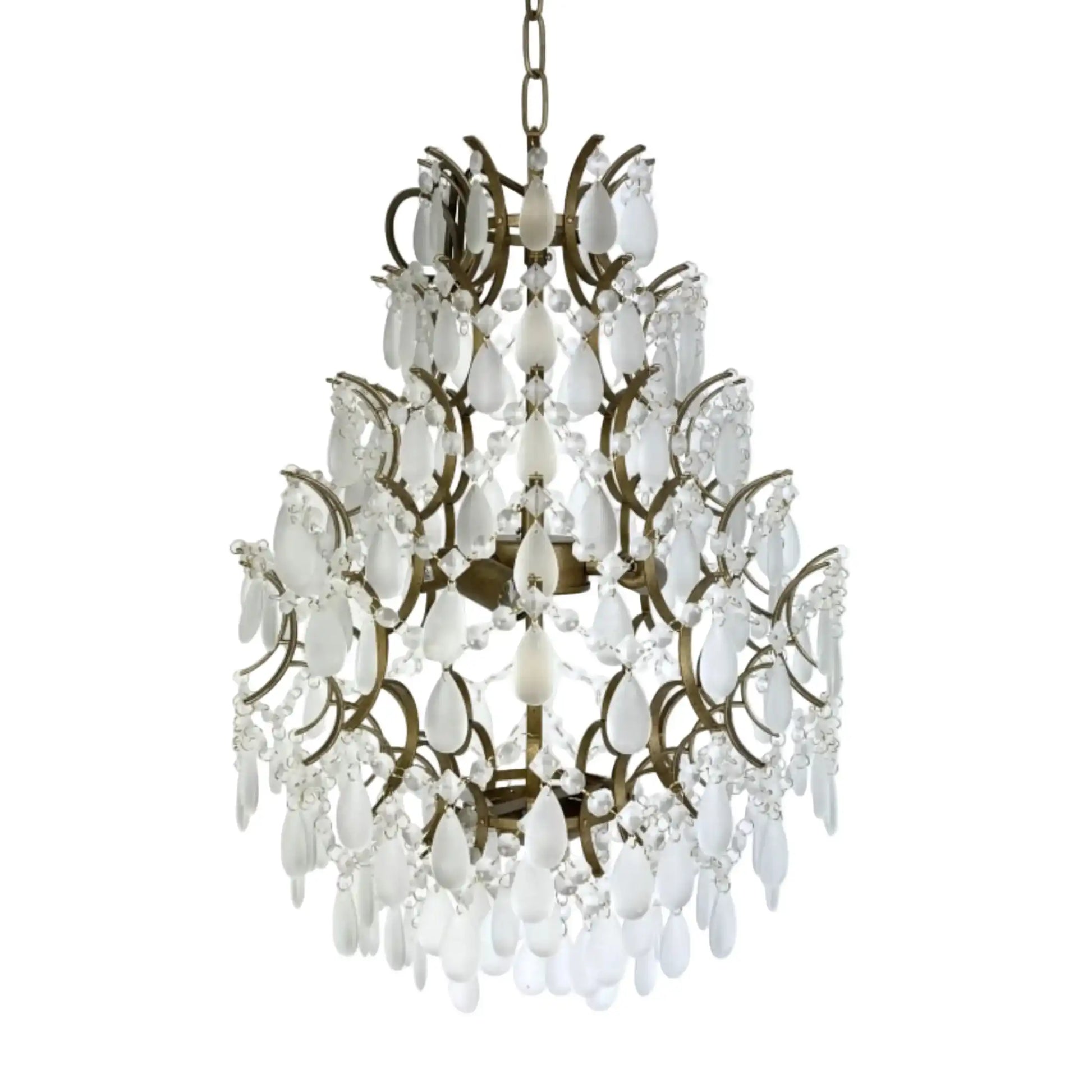 Decorative chandelier with white crystal elements on a white background