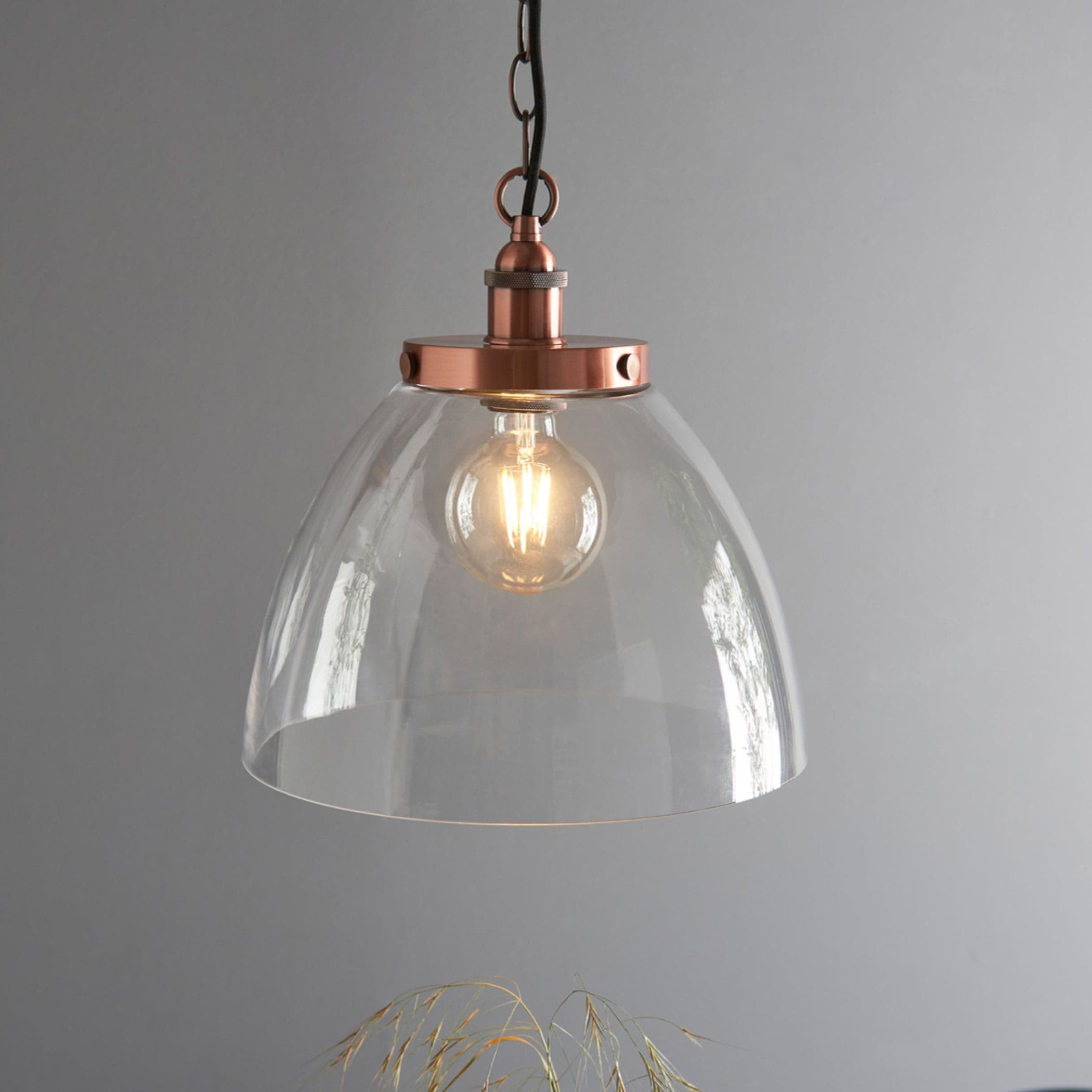 Large Glass Dome & Aged Copper Pendant Light
