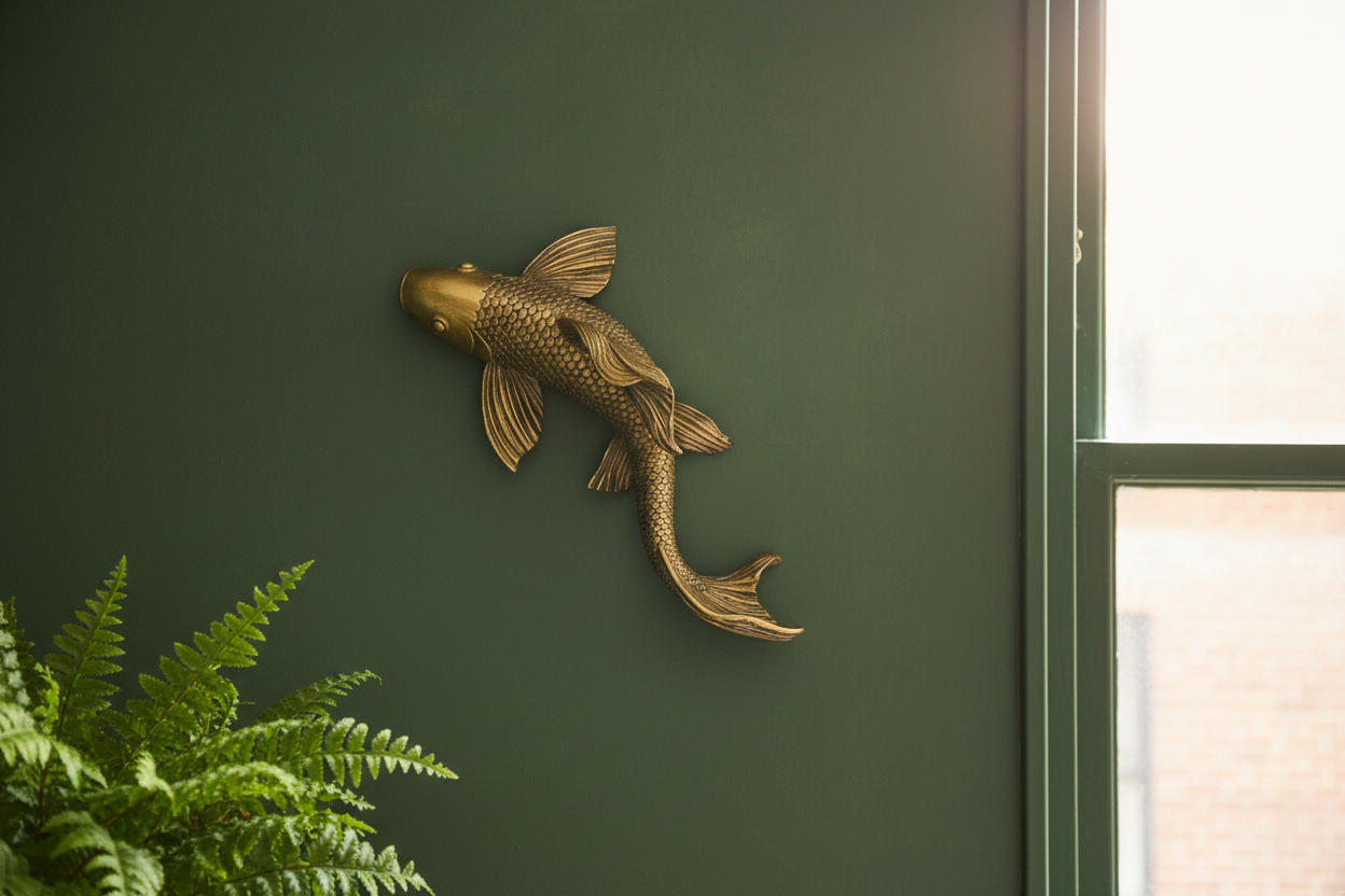 Gold fish-shaped wall decor on a green wall with a plant and window in the background