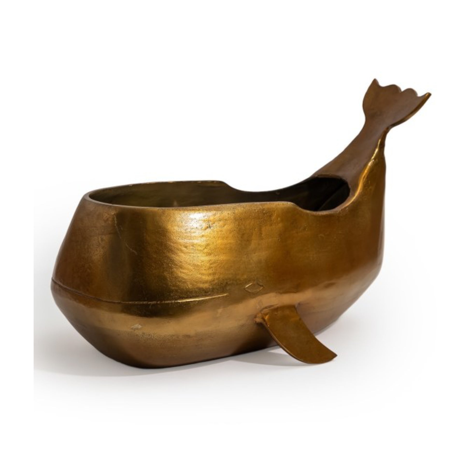 Bronze whale-shaped container on a white background