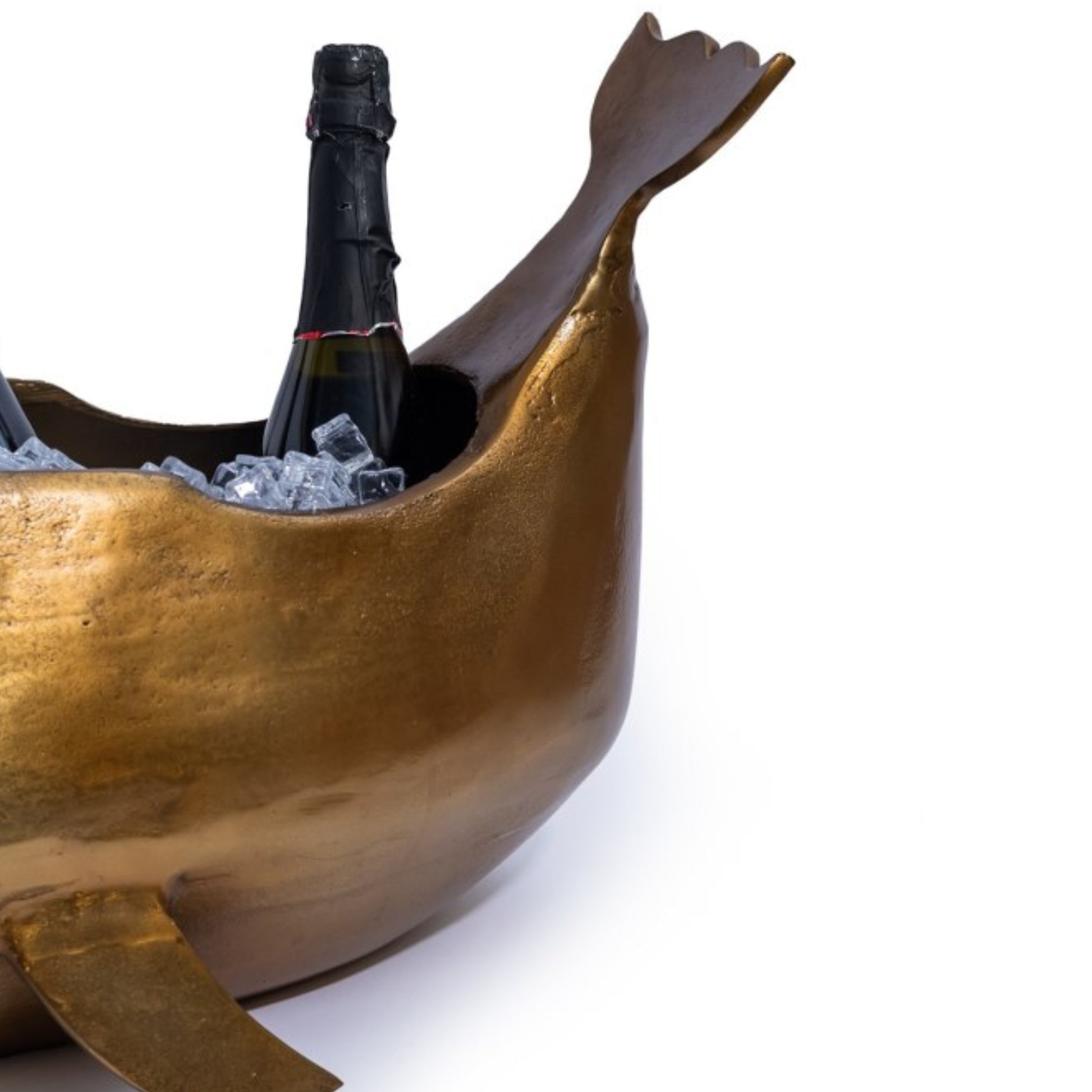 Bronze boat-shaped cooler with a bottle of champagne inside on a white background