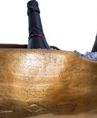 Two bottles of champagne in a decorative bronze ice bucket on a white background