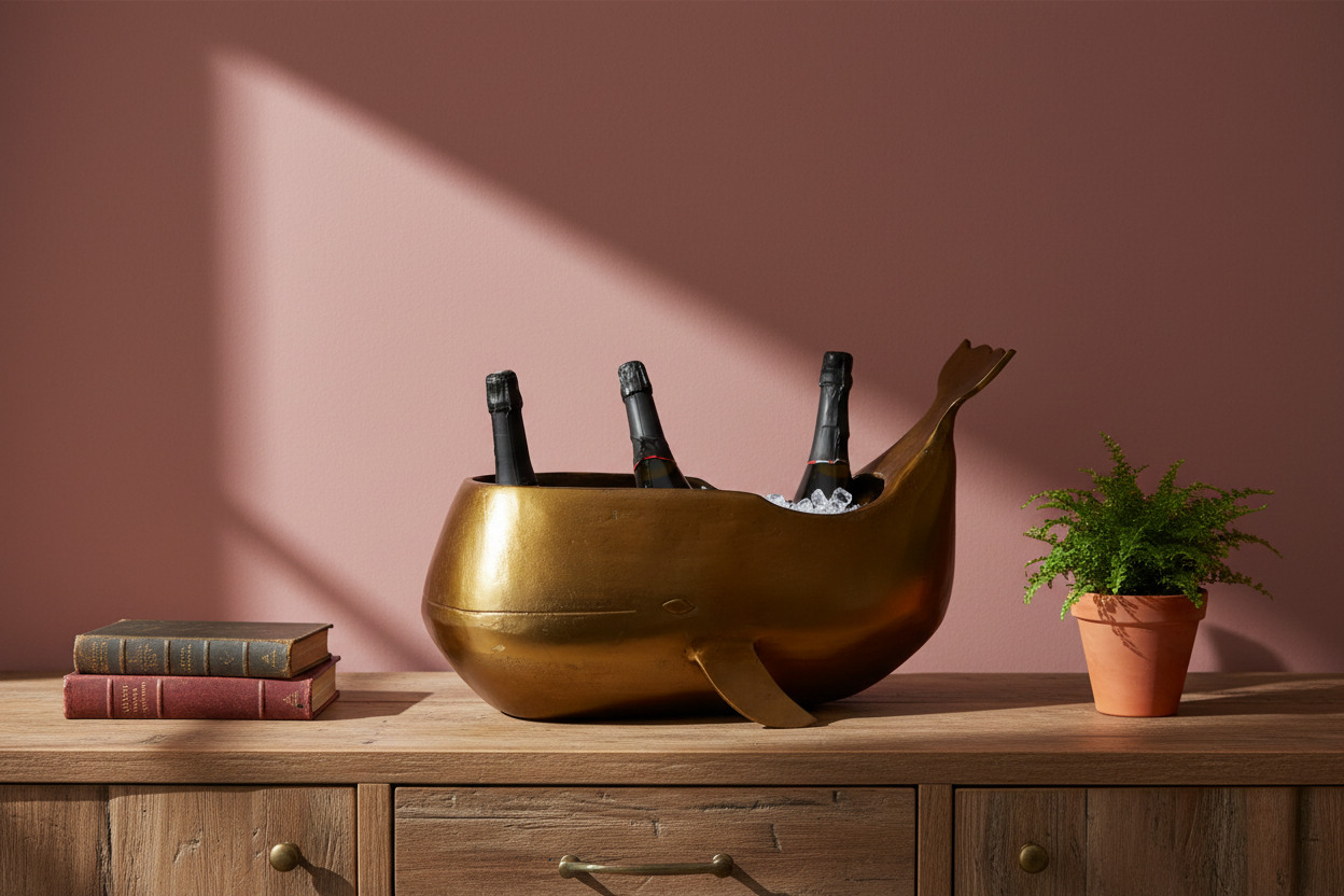 Brass wine cooler with bottles on a wooden surface against a pink wall