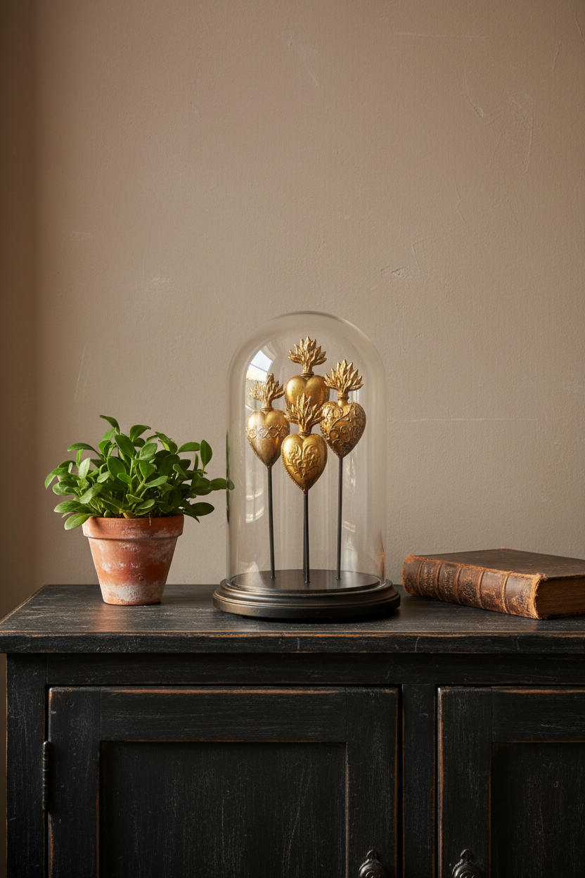 Decorative gold heart sculpture under a glass dome on a wooden surface with a plant and book in the background.