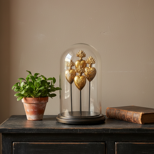 Decorative gold sculpture under a glass dome on a wooden surface with a plant and book in the background.