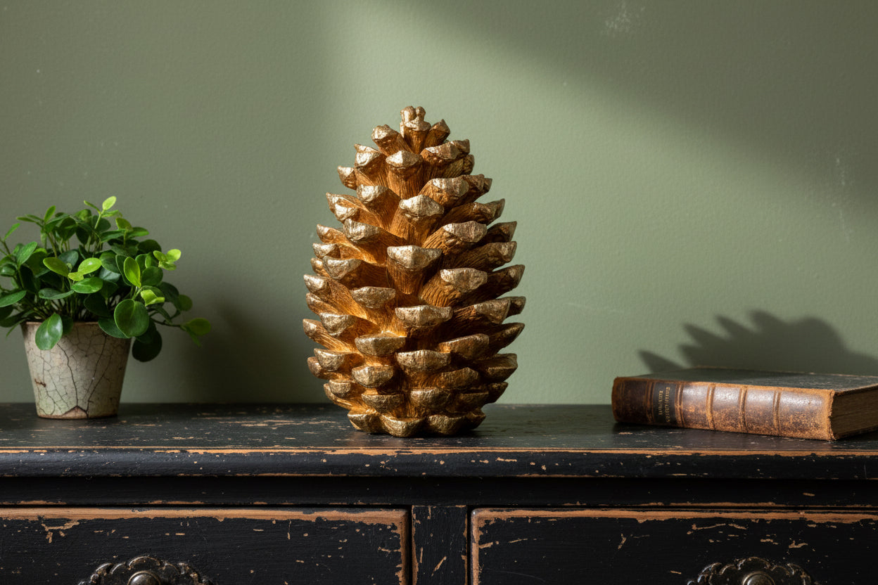 Decorative gold pine cone on a dark wooden surface with a green plant and book in the background.
