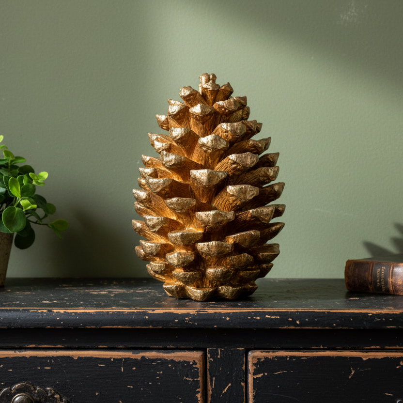 Decorative pine cone on a wooden surface with a green wall background