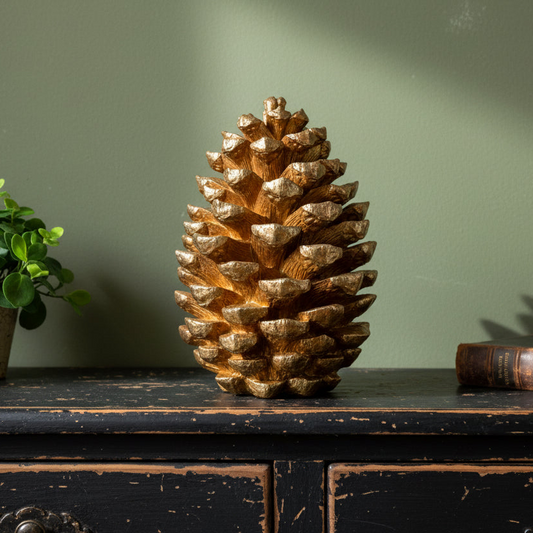 Decorative pine cone on a wooden surface with a green wall background