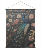 Decorative wall hanging with a peacock and floral design on a dark background