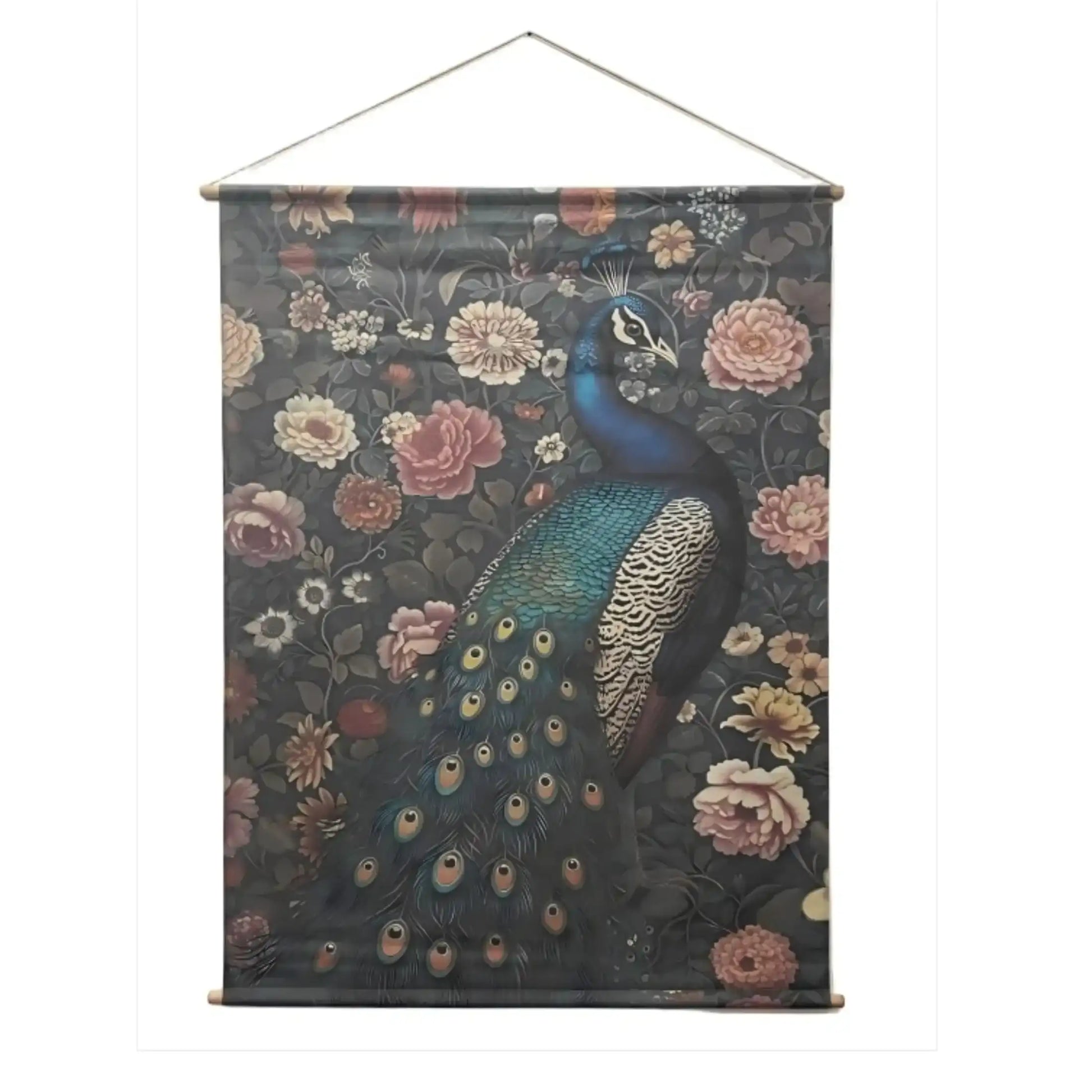 Decorative wall hanging with a peacock and floral design on a dark background