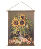 Decorative wall scroll with sunflowers and fruits on a white background