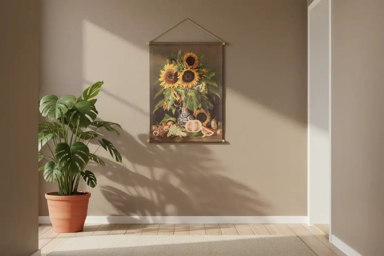 Tapestry of sunflowers hanging on a beige wall with a potted plant below.