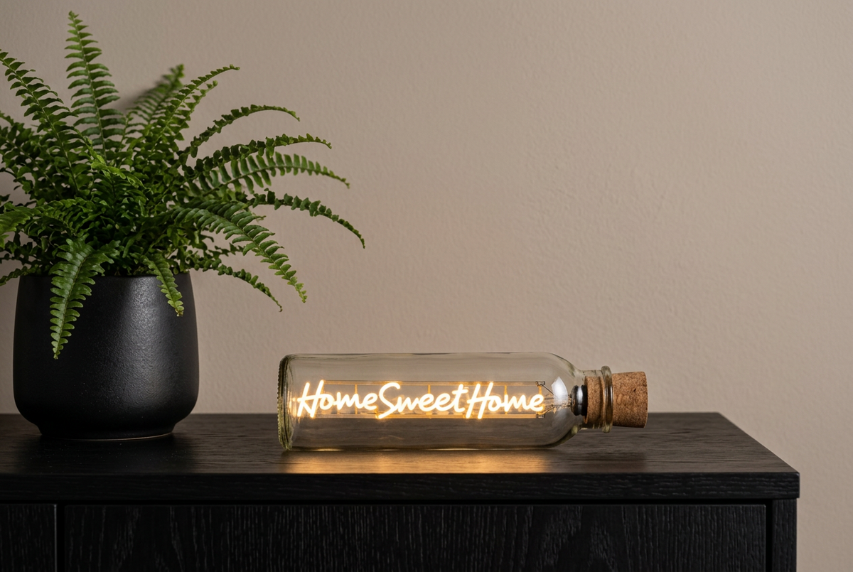 A clear glass bottle with a cork stopper lies on a dark wooden surface, lit with warm glowing filament text that reads 'Home Sweet Home'. A potted green fern sits to the left against a plain beige wall.