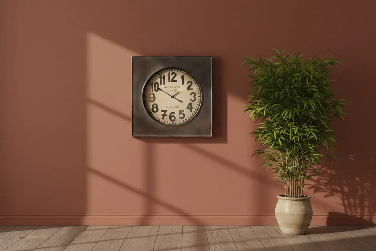 Decorative wall clock on a brown wall with a potted plant below